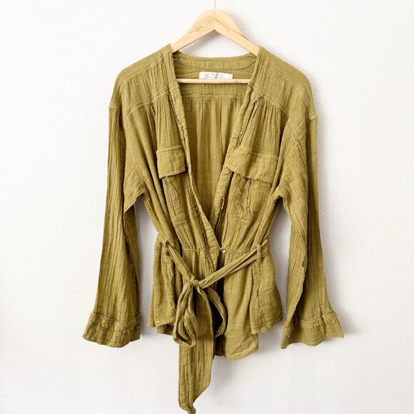 WE THE FREE | Free People Safari Sheer Wrap Top Olive Green Blouse Raw Edge | XL - Picture 5 of 10